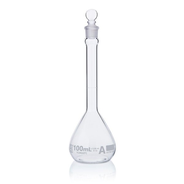 Globe Scientific Flask, Volumetric , Globe Glass, 100mL, Class A, To Contain (TC), ASTM E288, 6/Box 8200100